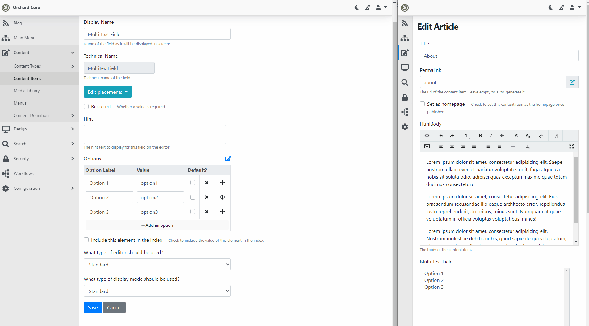 The editor types of the Multi Text Field