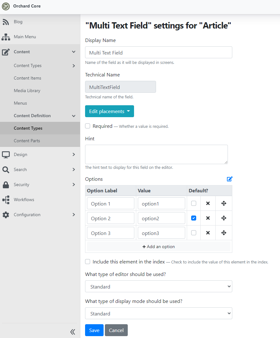Add options to Multi Text Field