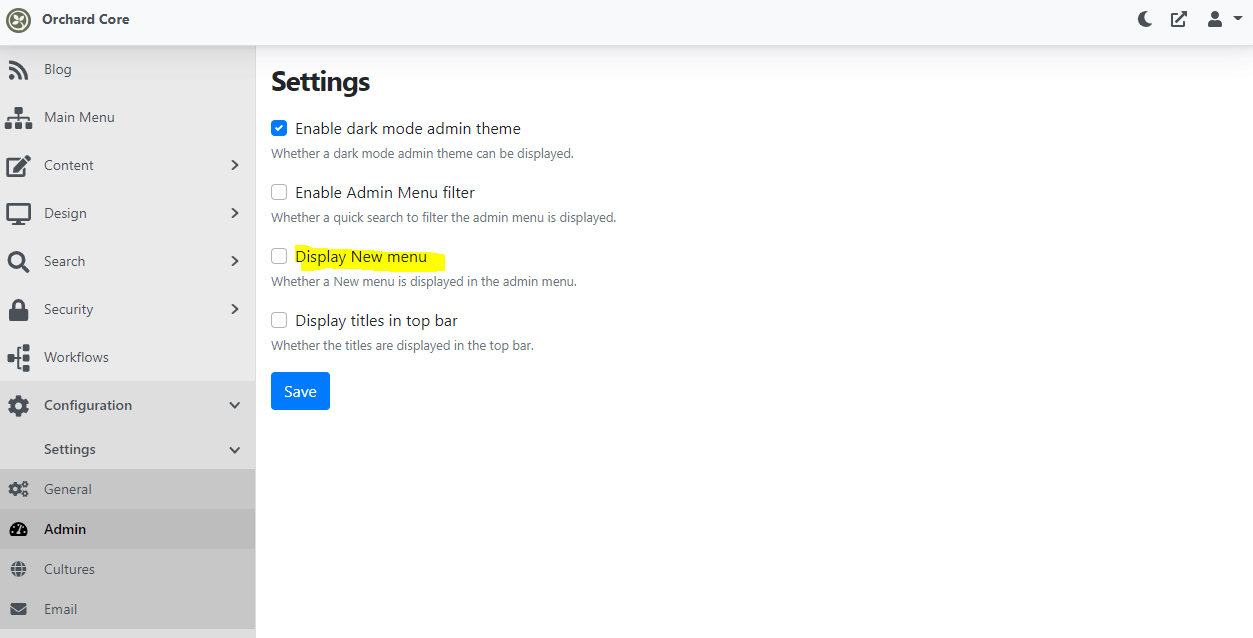 The Display new menu option checkbox