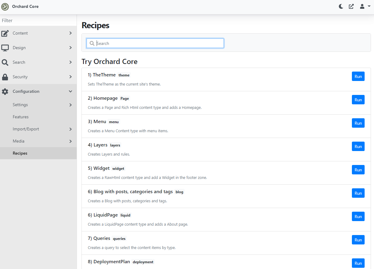 Sample recipes of Try Orchard Core