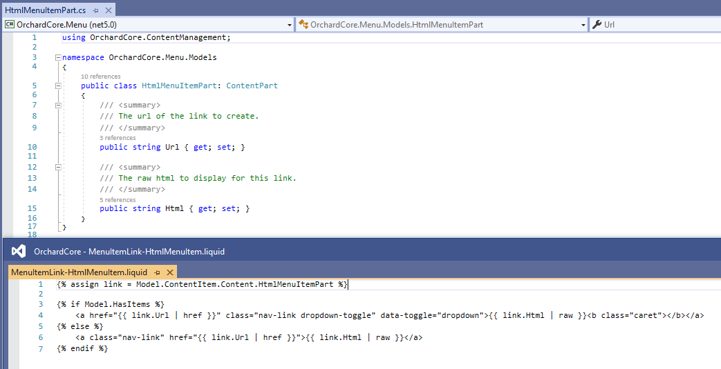 The new HtmlMenuItemPart and it's override in the Blog theme
