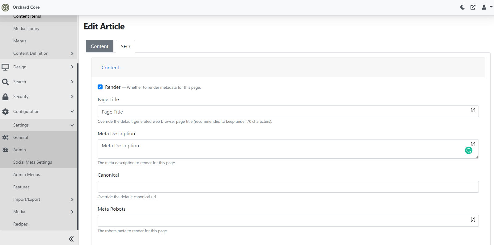 Content item specific SEO settings