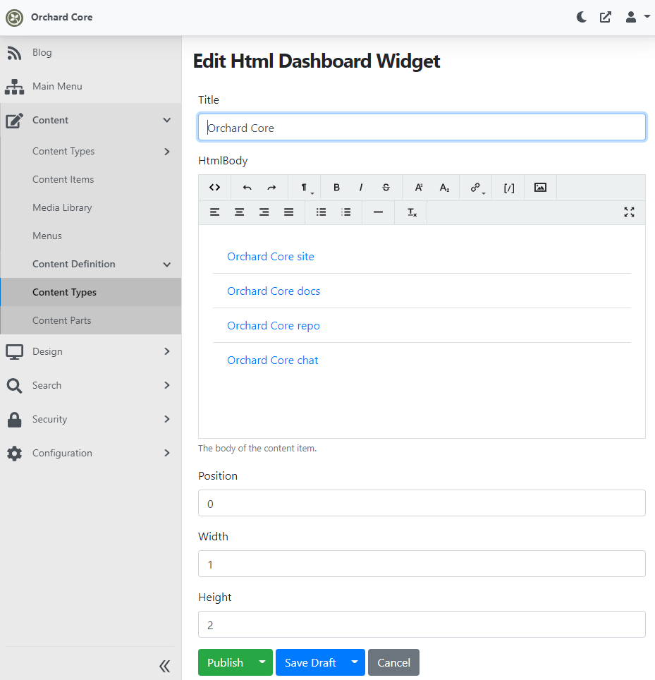 Editing a dashboard widget