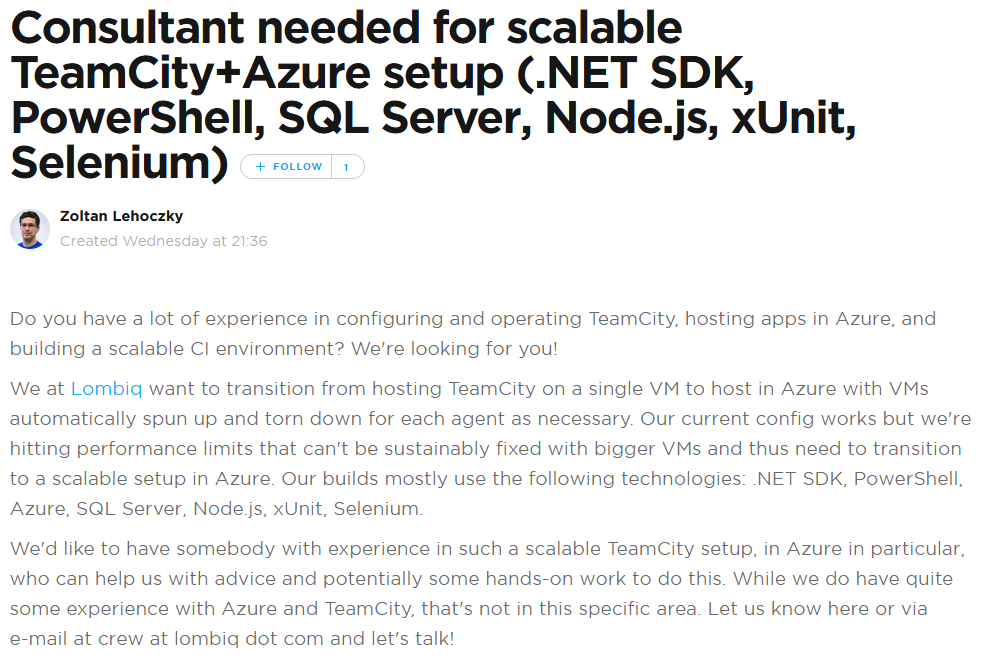 Consultant needed for scalable TeamCity+Azure setup