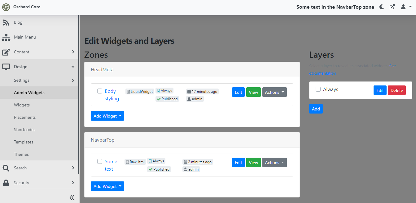 The admin theme with the widgets