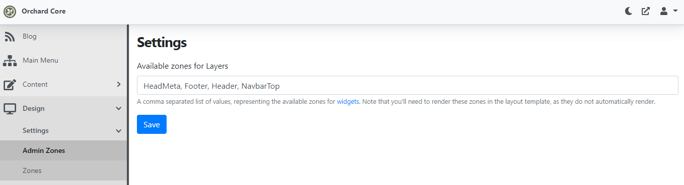 Admin zones for widgets