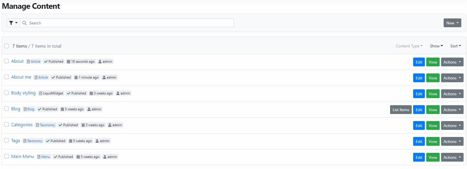 Contents list filters