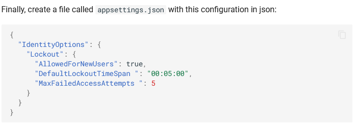 IdentityOptions in the appsettings.json