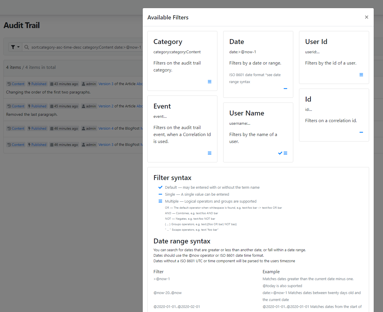 The available filters for the Audit Trail table