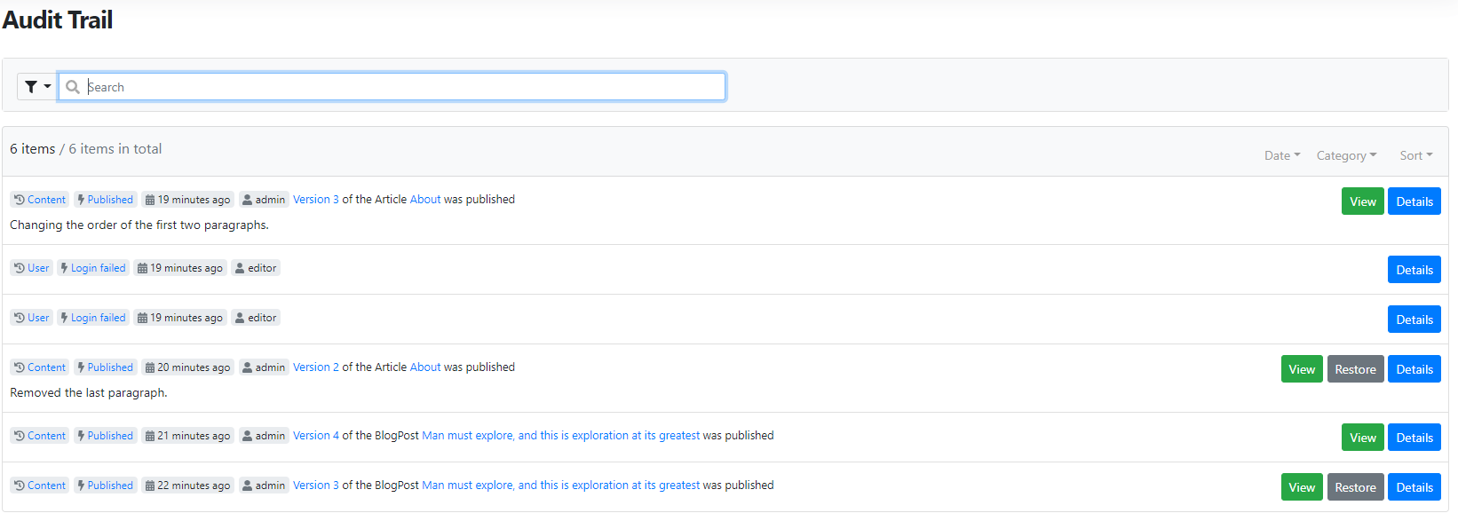 Events in the Audit Trail table