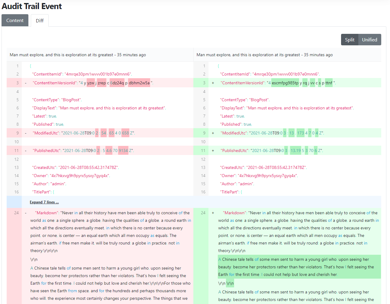 The diff view of an Audit Trail content event