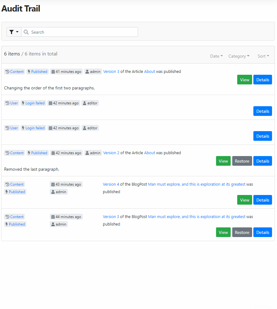 Filtering events in the Audit Trail table