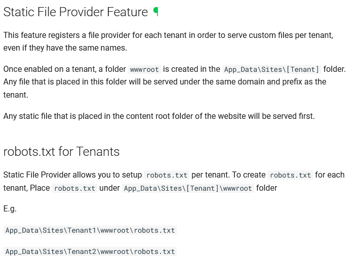 Static File Provider Feature and robots.txt for Tenants documentation
