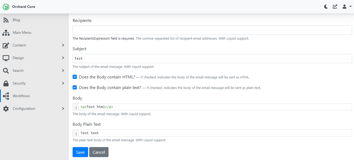 The updated Email task