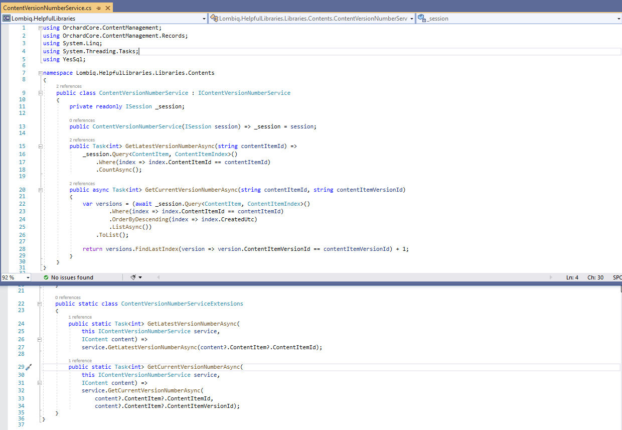 The ContentVersionNumberService in the Lombiq HelpfulLibraries solution