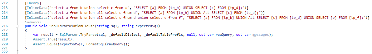 The ShouldParseUnionClause unit test to test the UNION and UNION ALL clauses