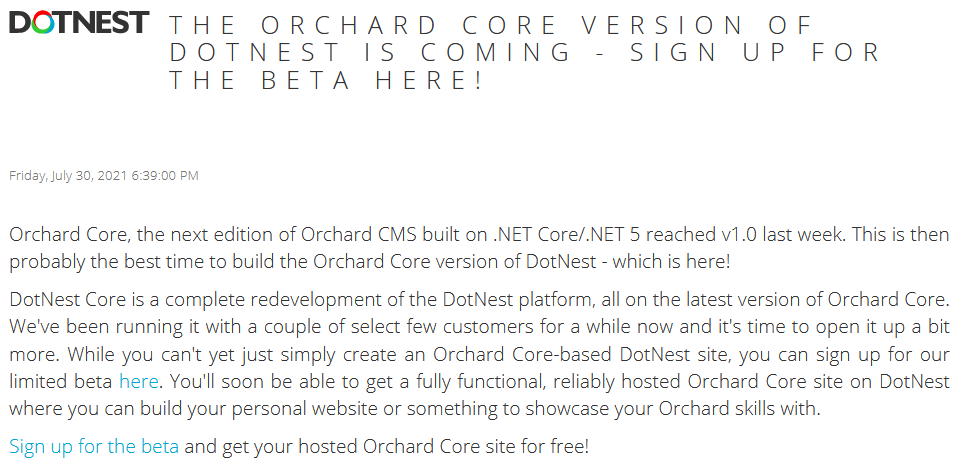Sign up for the DotNest Core beta