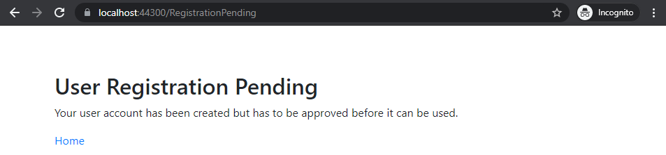 User Registration Pending screen