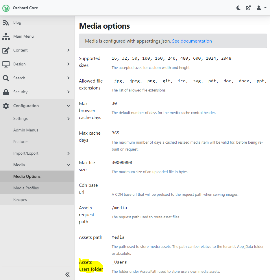 Assets users folder on the Media Options page