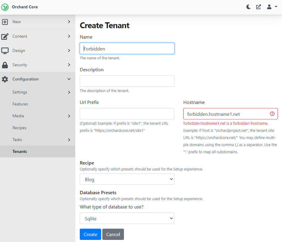 Cannot create a tenant with a forbidden hostname