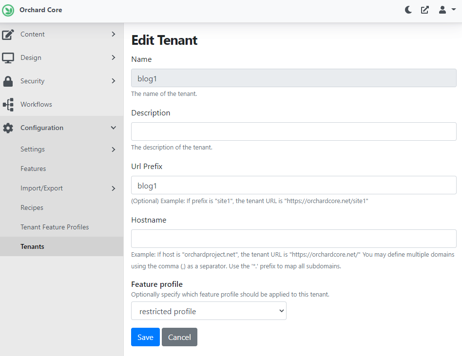 Adding a new tenant with a feature profile