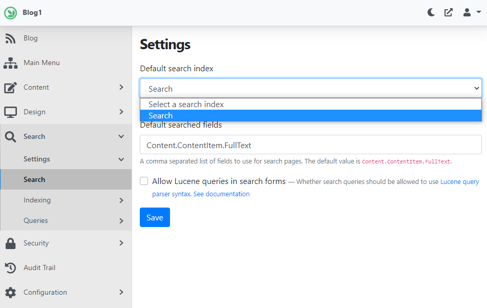 Selecting the default search index