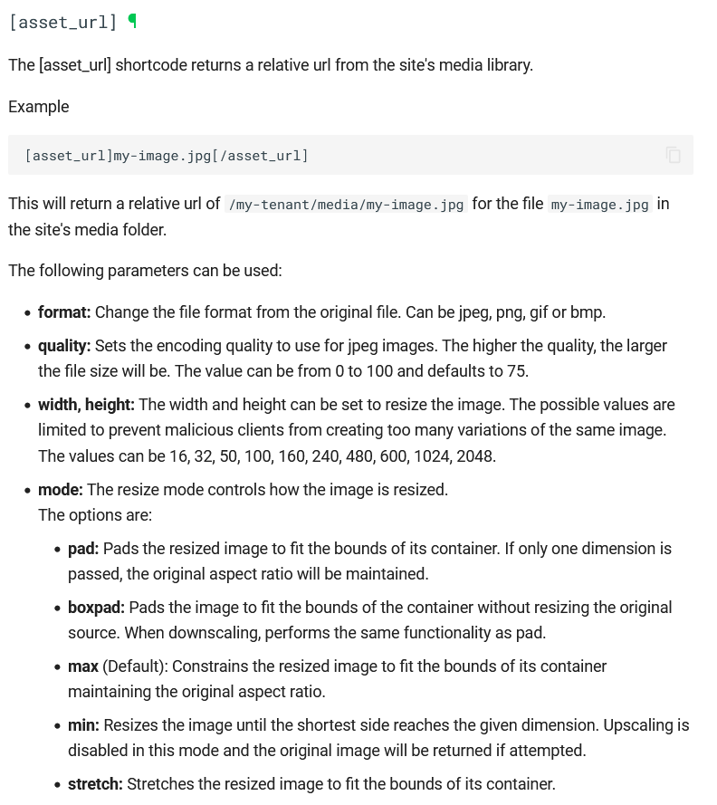 Documentation for the asset_url Shortcode