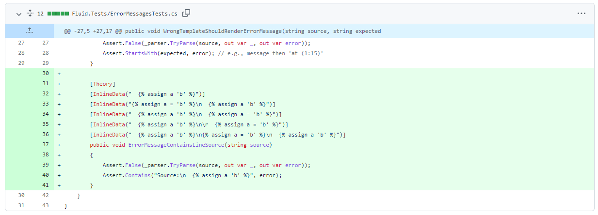 The new ErrorMessageContainsLineSource unit test in Fluid
