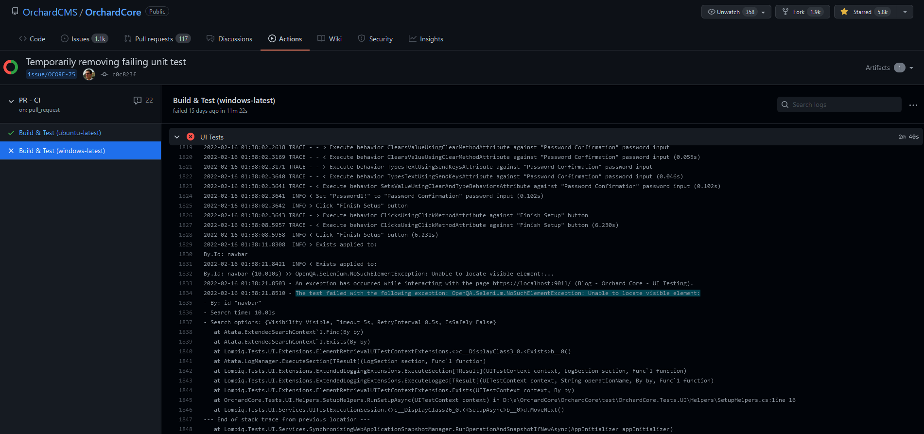 The result of a failed UI test
