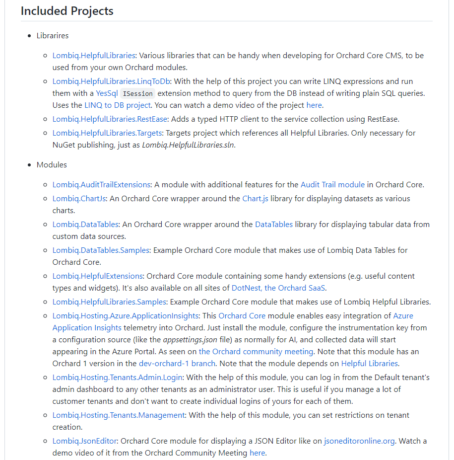 Included projects in the Lombiq's Open-Source Orchard Core Extensions