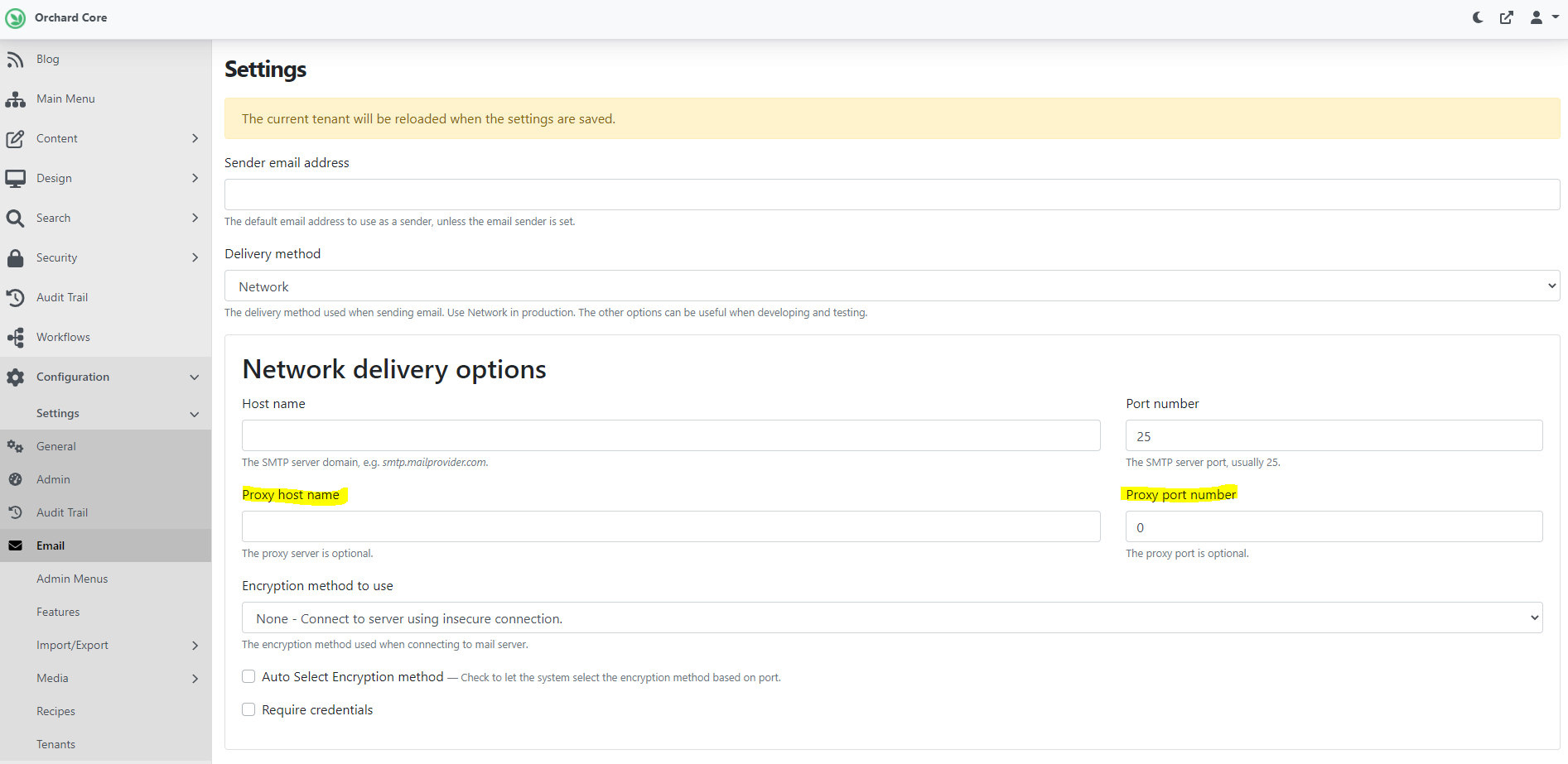 UI for email proxy settings