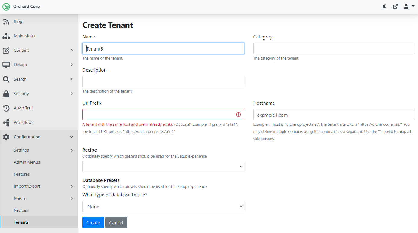 Tenant hostname duplicate check validation error
