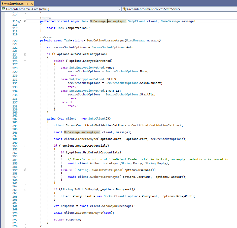 The new OnMessageSendingAsync method