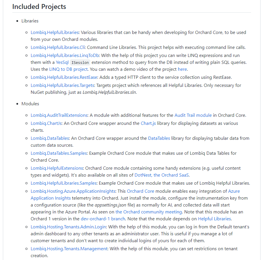 Included projects in the Lombiq's Open-Source Orchard Core Extensions