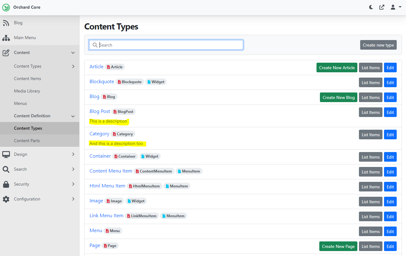 Adding description to Content Types