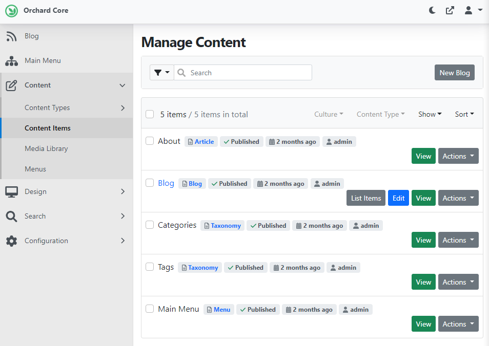 List content items with view permissions