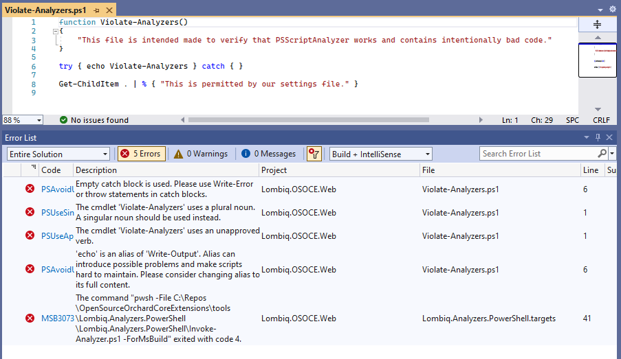 Build errors by the PowerShell Analyzers module