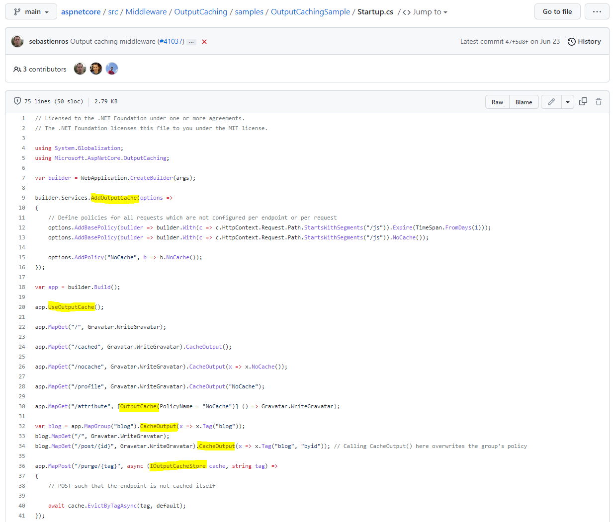 Sample Startup.cs file how to configure Output Caching