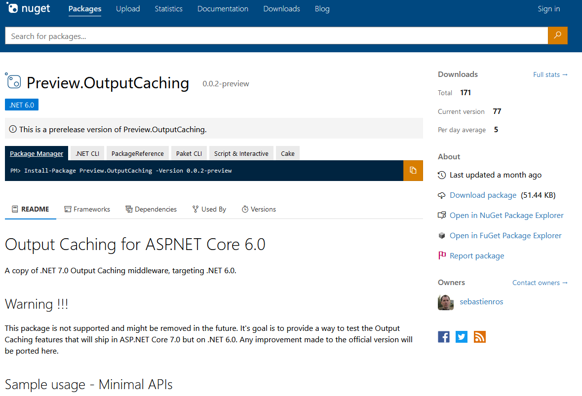 The Preview.OutputCaching NuGet targeting .NET 6.0
