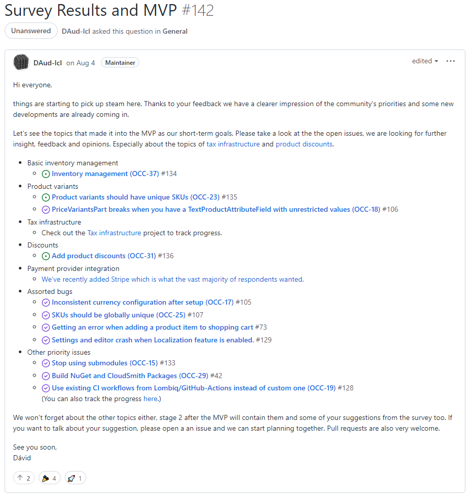 Orchard Core Commerce survey results and MVP