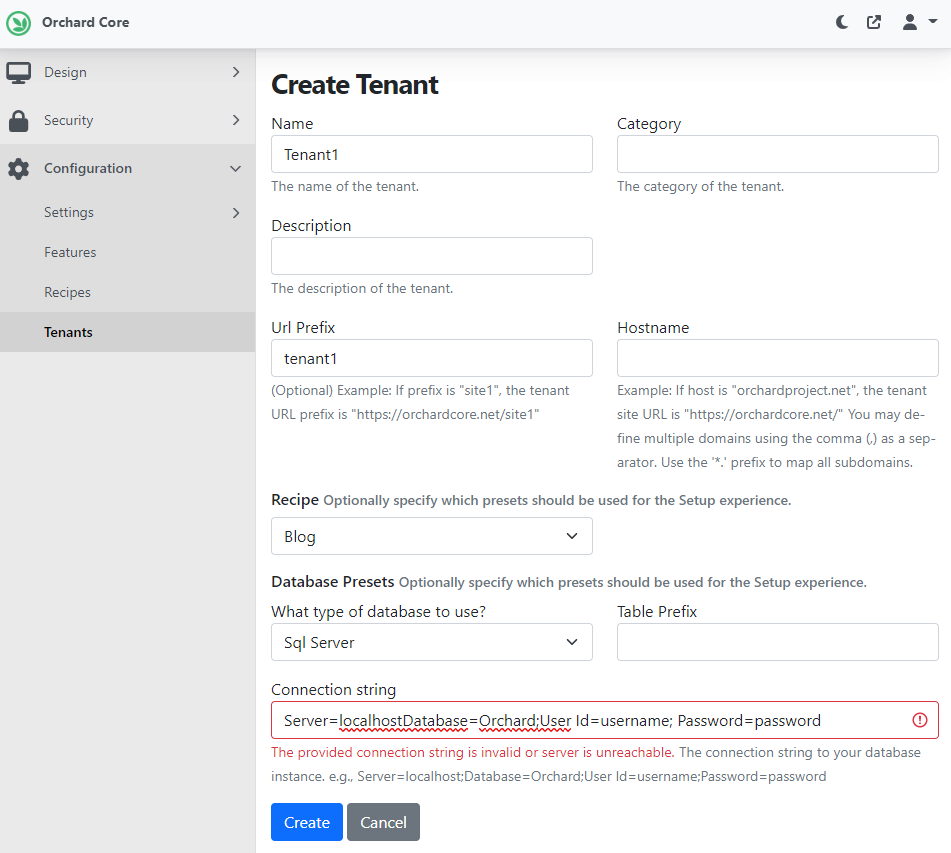 Error showing that the provided connection string is not valid