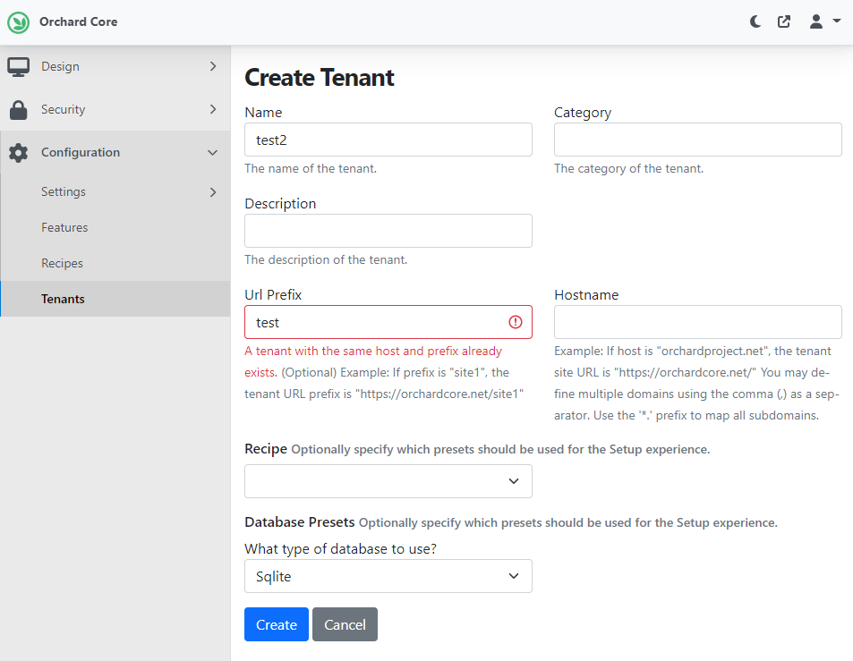 A validation error showing that a tenant with the same host and prefix already exists