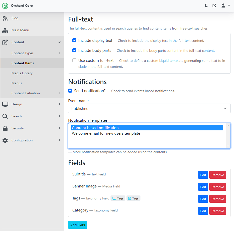 Edit content definition to send events based notifications