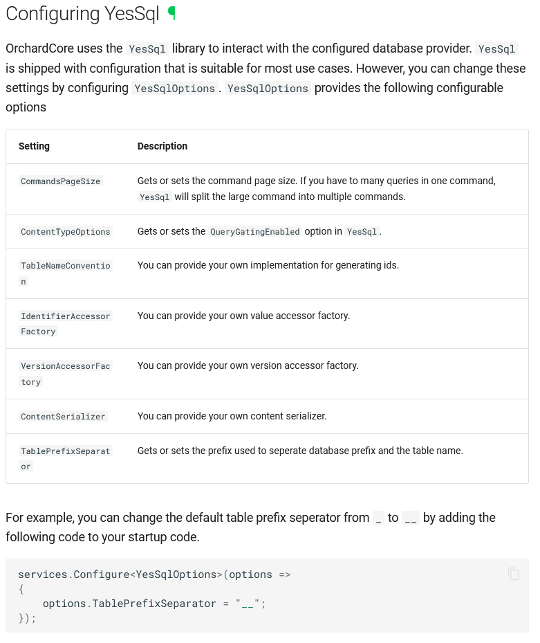 Documentation about configuring YesSql