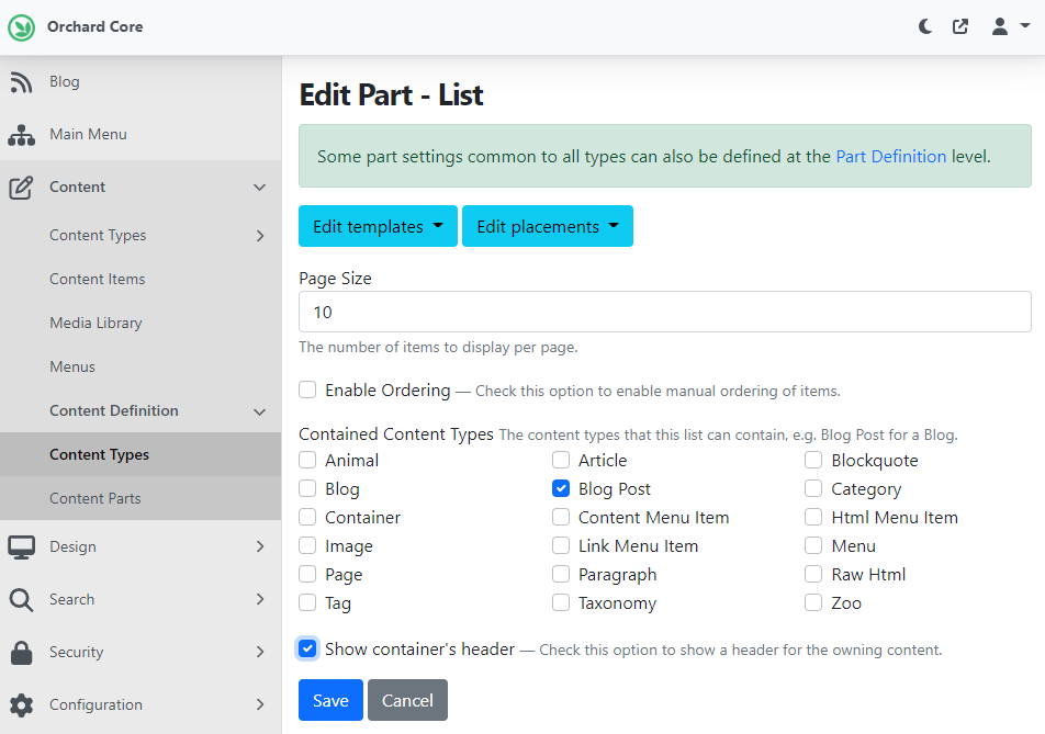 The new show container's header option