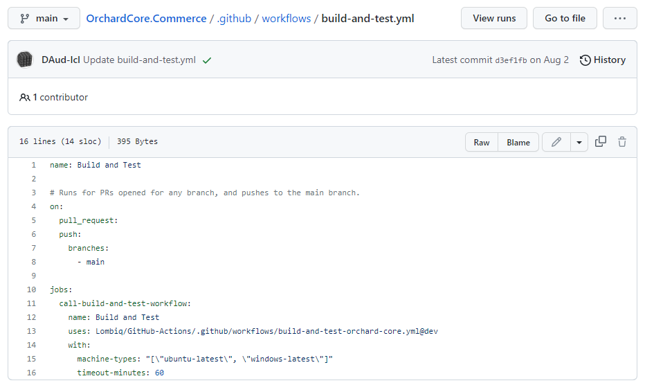 The Build and Test Orchard Core solution workflow in the Commerce module