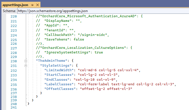 Settings of the Admin Theme