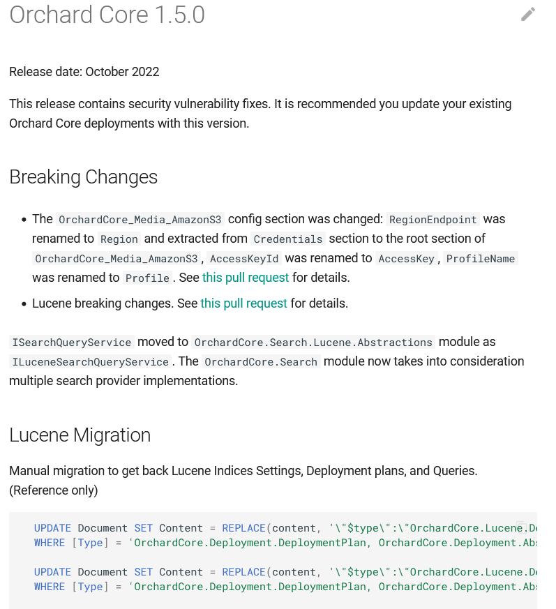 Orchard Core 1.5.0 release breaking changes