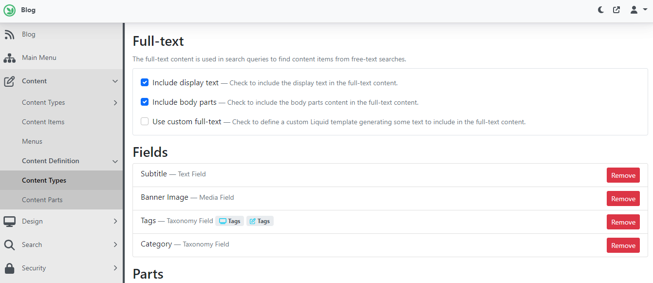 The content definition of the Blog Post without field definitions
