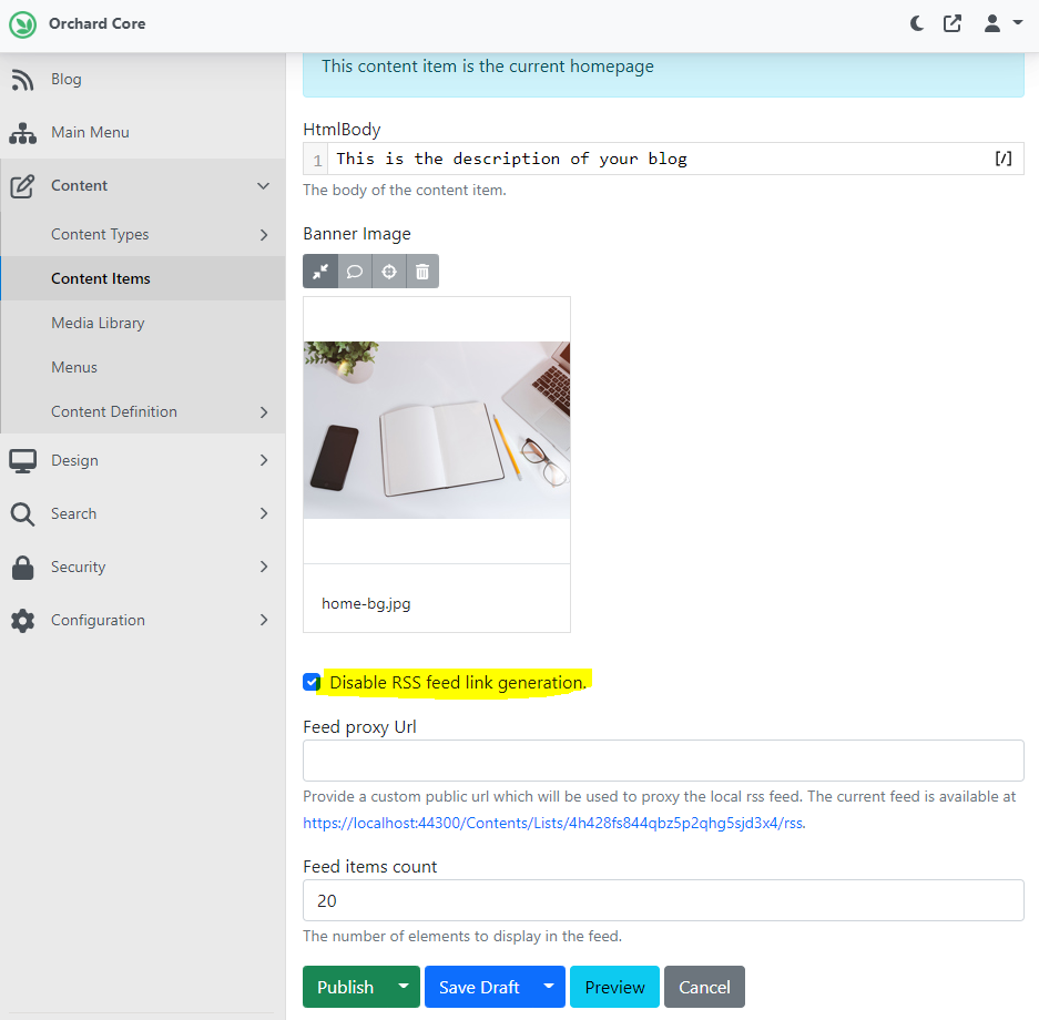 The new Disable RSS feed link generation checkbox